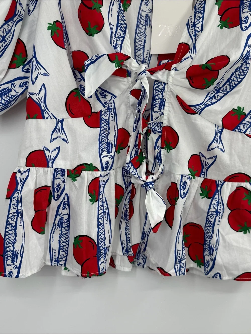 Zara Tomato & Sardines Print Puff Sleeves Top Blouse